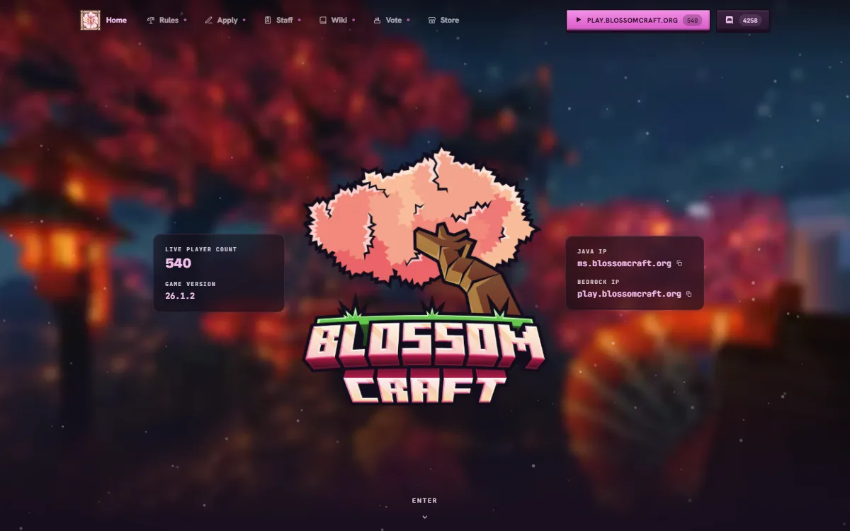 BlossomCraft Minecraft SMP redesign home page