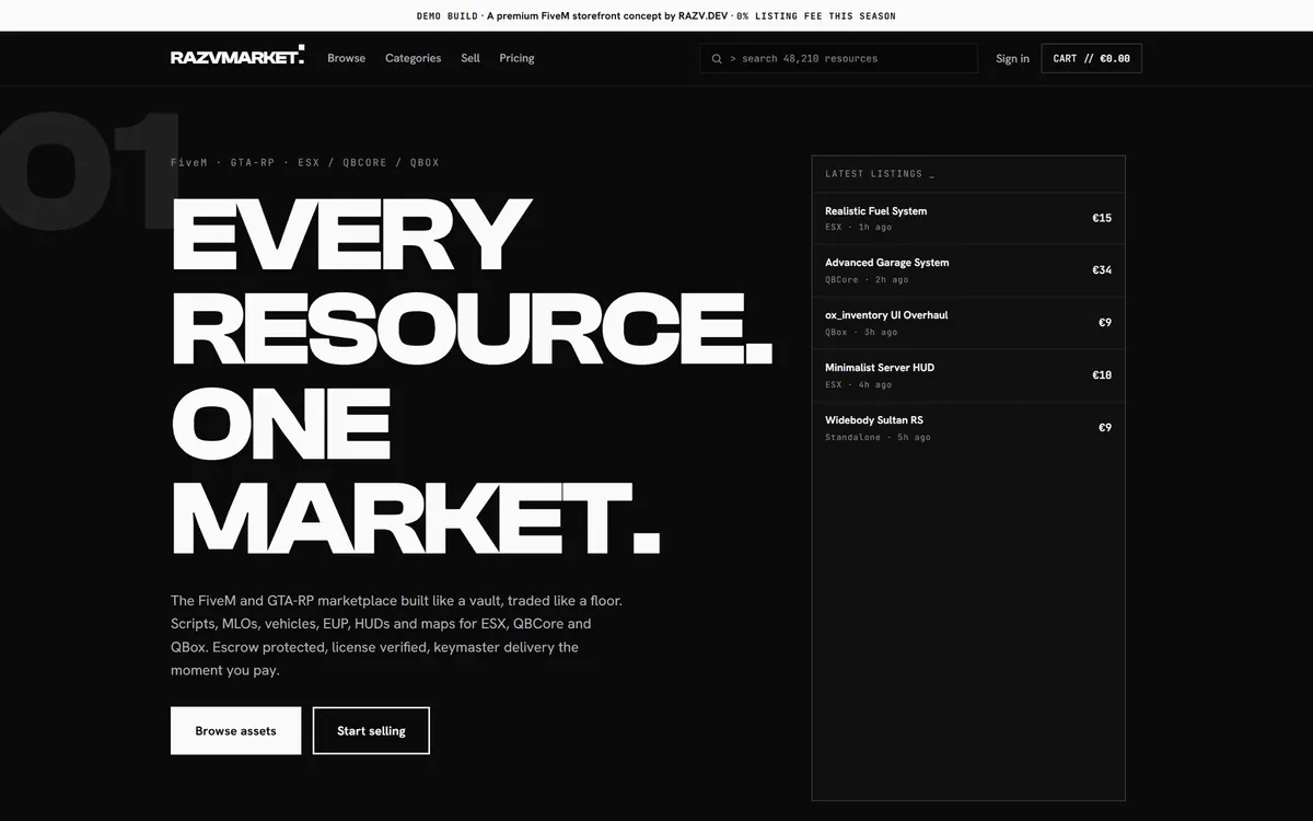 RAZVMARKET FiveM asset marketplace home page